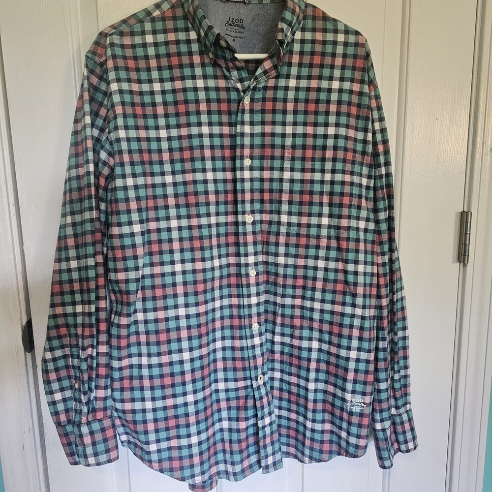 IZOD Saltwater Multicolor Plaid Button Down Shirt Men's Sz M